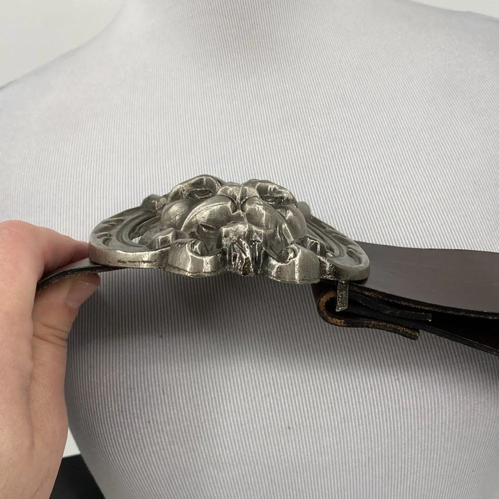Vintage J.S.S. Elche Belt Face Brown Silver Leather‎ Large Metal Buckle Dragon